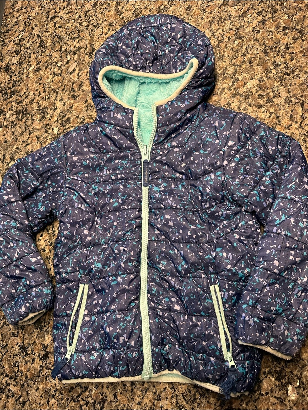 Eddie Bauer Navy Quilted Hooded Puffer with Aqua Trim